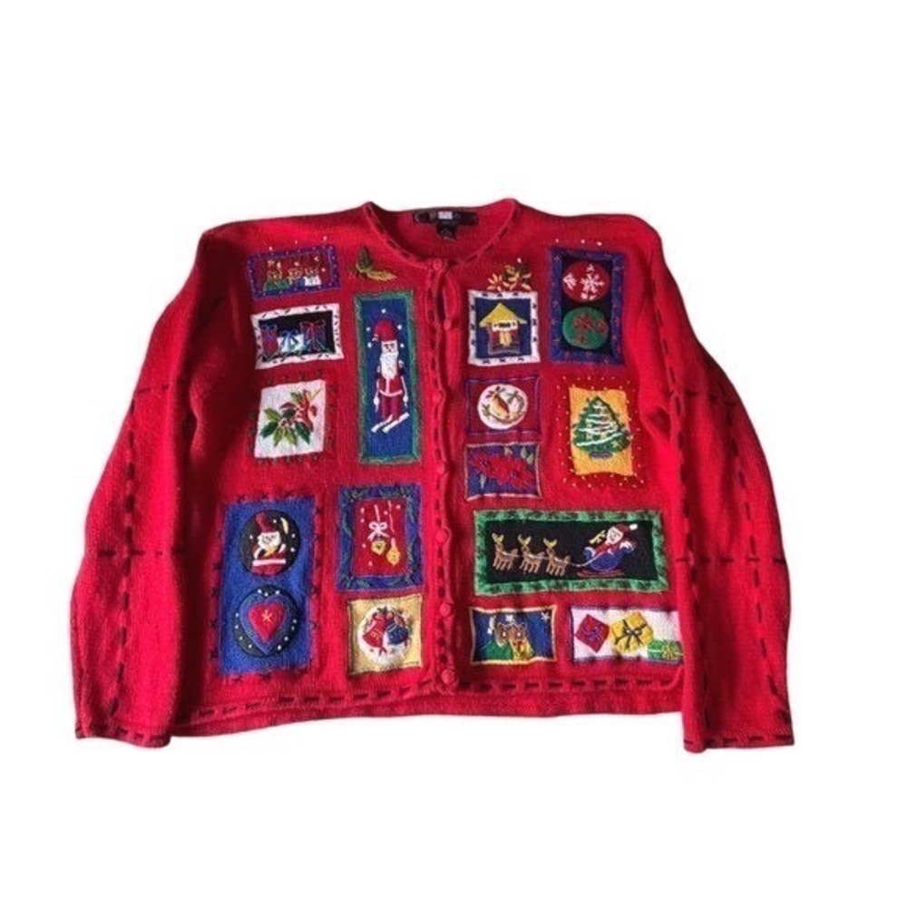 Segue Ho Ho Ho Red Christmas Cardigan‎ XL Santa Reindeer Holiday Patchwork